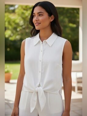 Cali Cali White 100% Linen Sleeveless Collared Tie Front Blouse Size L